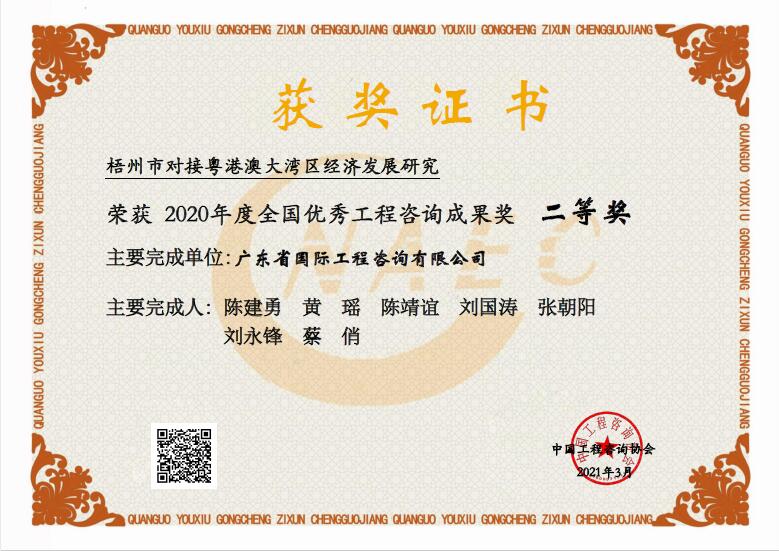 全國優秀工程咨詢成果二等獎-梧州市對接粵港澳大灣區經濟發展研究